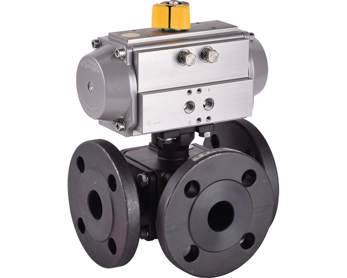 3 way carbon steel ball valve 783-L/784-T + RE/RES pneumatic actuator